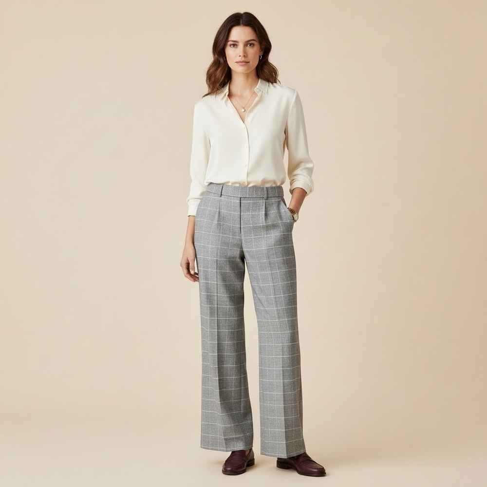 Gray plaid wide leg trousers professional Academia eclectic grandpa dress pants - Picture 4 of 12